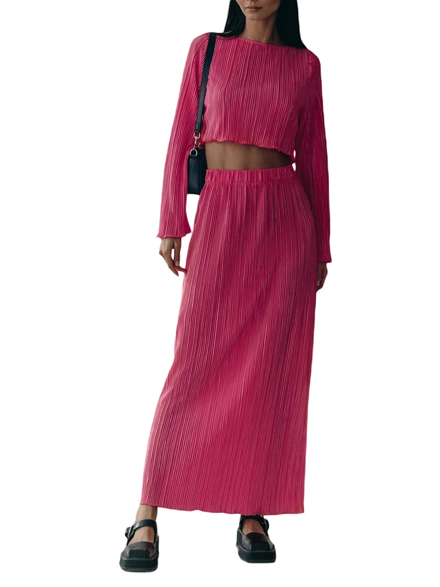 

Women's Two Piece Skirt Outfits Long Flared Sleeve Crop Tops Solid Color Long Skirt Set