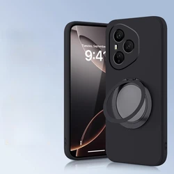 Liquid Silicone Magnetic Holder Phone Case - Matte Shockproof Soft Cover with Rotating Bracket for HONOR 400 Pro (Black)