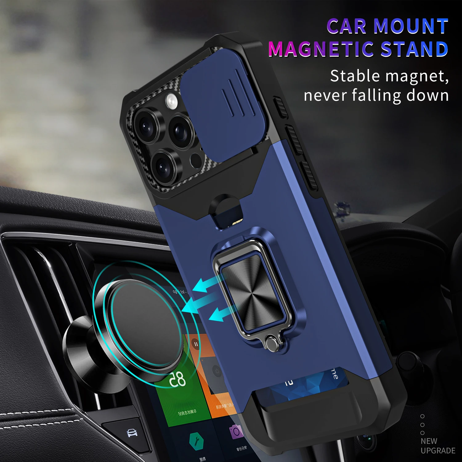 Magnetic Shockproof Armor Case with Card Holder and Ring Protection