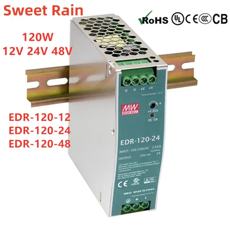 

MEAN WELL Industrial Din Rail Mounted 120W Slim Single Output Switching Power Supply EDR-120-12 EDR-120-24 EDR-120-48