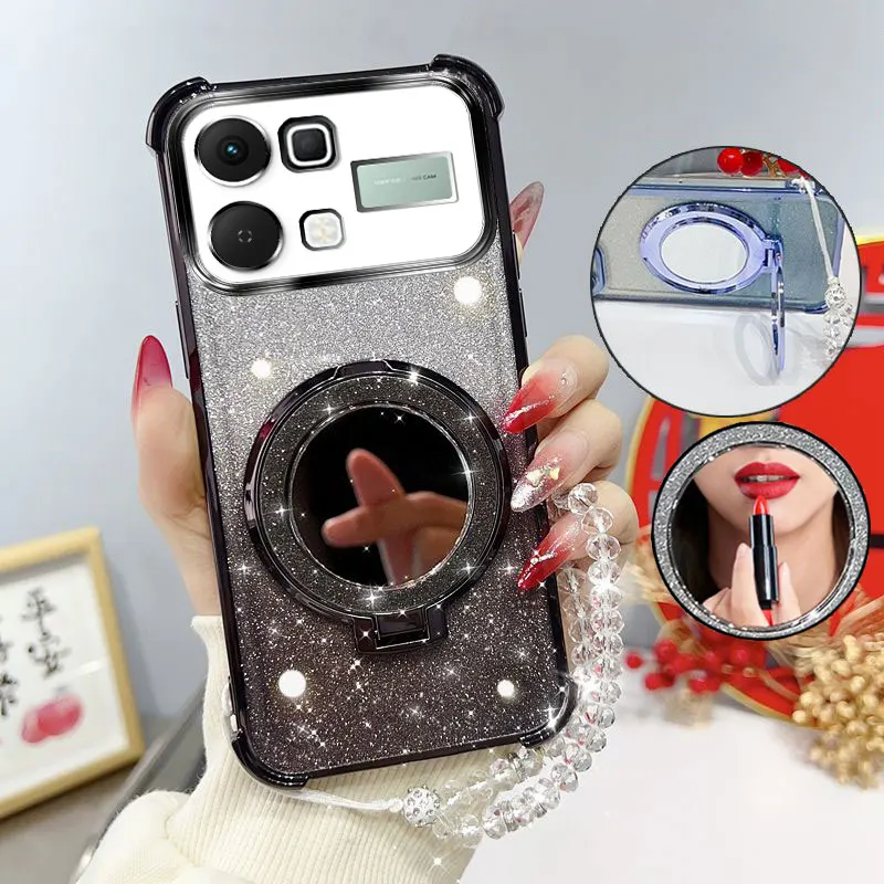 Glitter Four-Corner Shockproof Phone Case with Mirror Stand and Beaded Strap