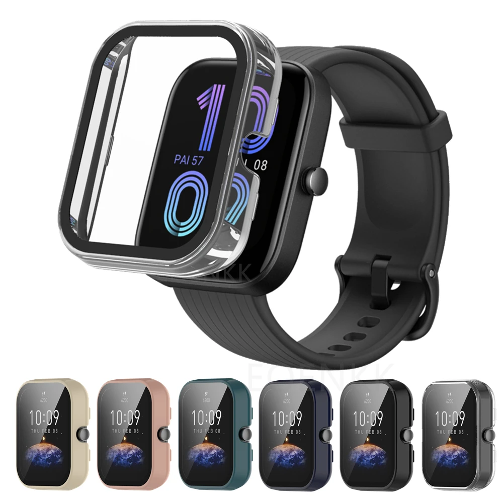 Bigqin Confezione da 5 Custodia Protettiva Compatibile con Amazfit Bip 3/Bip 3 Pro, Custodia Rigida per PC con Proteggi Schermo, Cover HD con Vetro Temperato - Trasparente Nero Blu Rosa Bianco