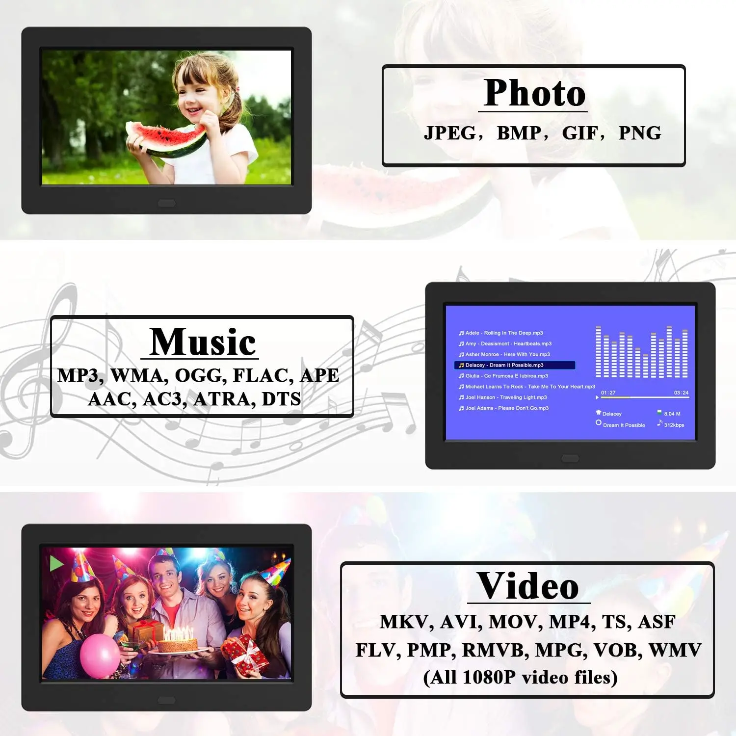 Acrylic Digital Photo Frame 7inch With USB/SD Slot DC Plug In for Video Playing in Loop for Home Retail Store Mall