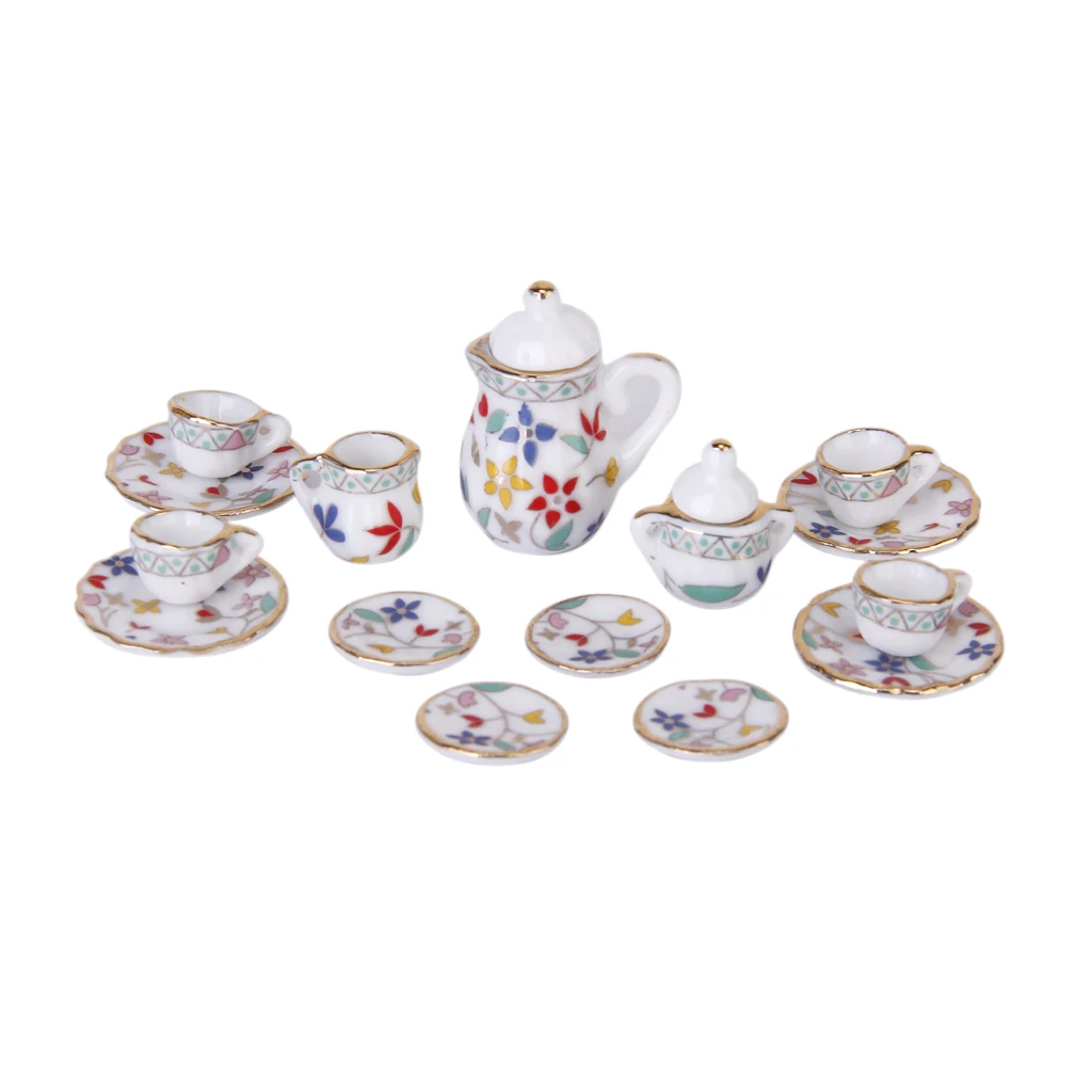 

15pcs Kitchen Colorful Floral Porcelain Tea Service for Doll House