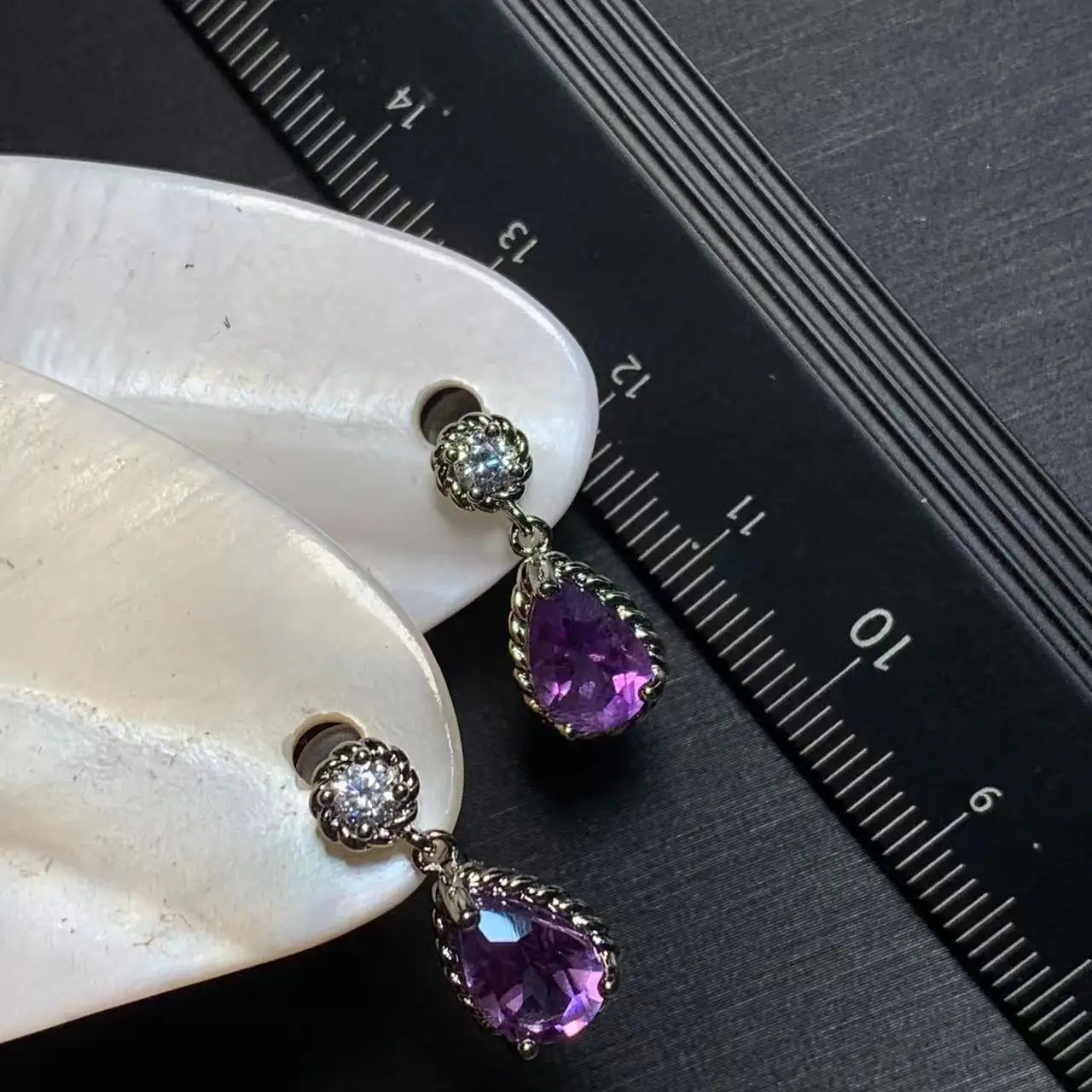 DROP Genuine Natural Amethyst 925 Sterling Silver Stud Earrings for women Jewelry Gift  1.4ct Ocean Blue Topaz Oval Pave CZ