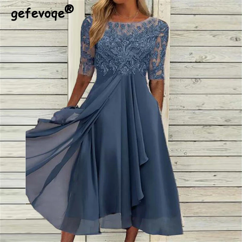 

Lace Patchwork Irregular Elegant Fashion Evening Party Sexy Dresses for Women New Summer High Waist Slim Short Sleeve Midi Dress