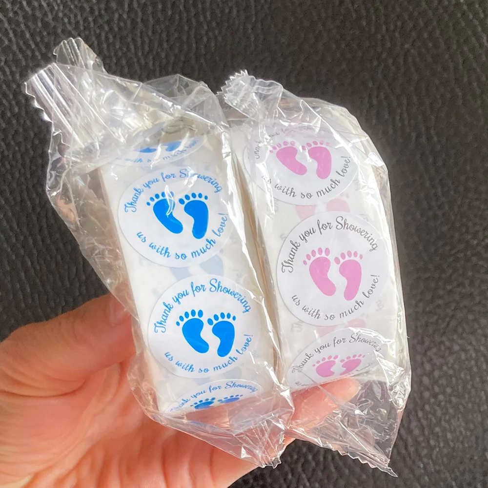 

500Pcs/Roll 1 Inch Baby Shower Stickers Gender Reveal Party Decoration Supplies Thank You for Showering with Cute Foot