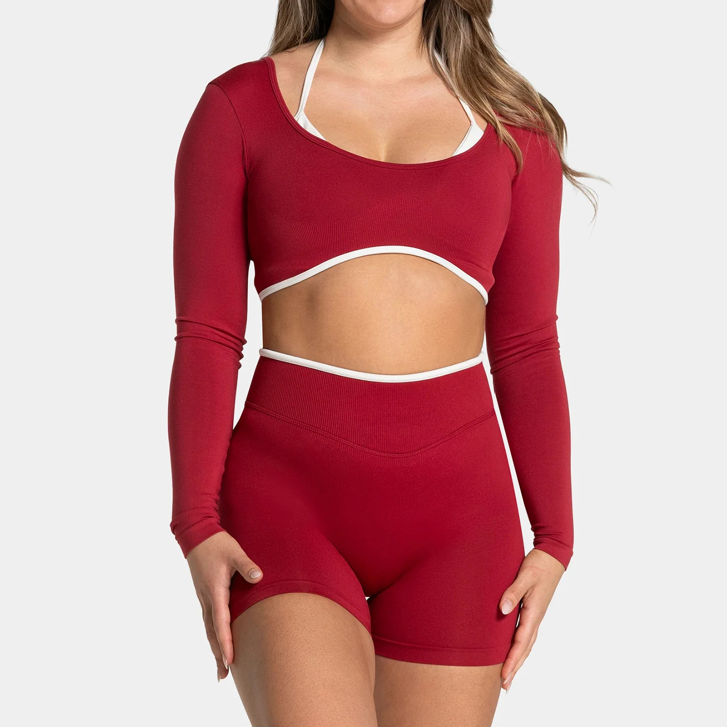 TEVEO Yoga Sets Women 2Pcs Seamless Lmpact Gym Long Sleeve Tights Top Fitness Shorts Workout Outfits Sportswear Tracksuit Girl