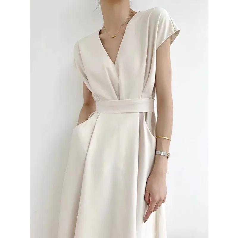 

2023 Summer Maxi Dresses for Women French Fashion Elegant Dress Solid Color V-neck Office Lady Spring Long Clothing with Belt