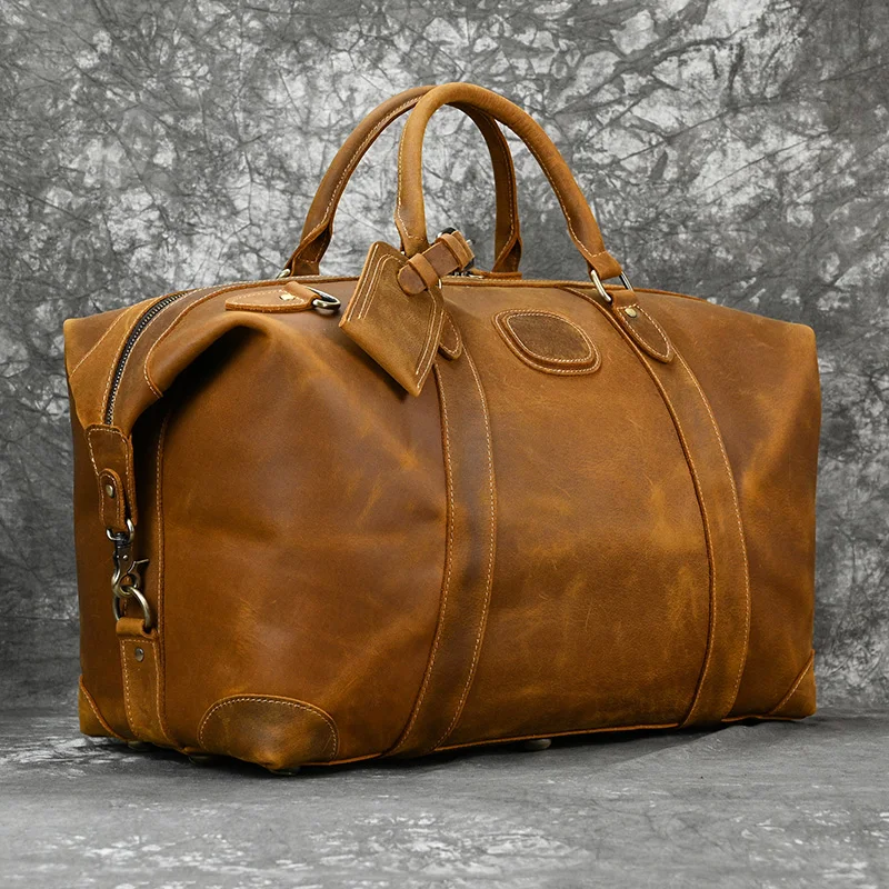 Genuine Crazy Horse Leather Men Travel Bags With Rivet Big HandBag For Male Cowhide Duffel Bag Mans Travelling Bag luxury