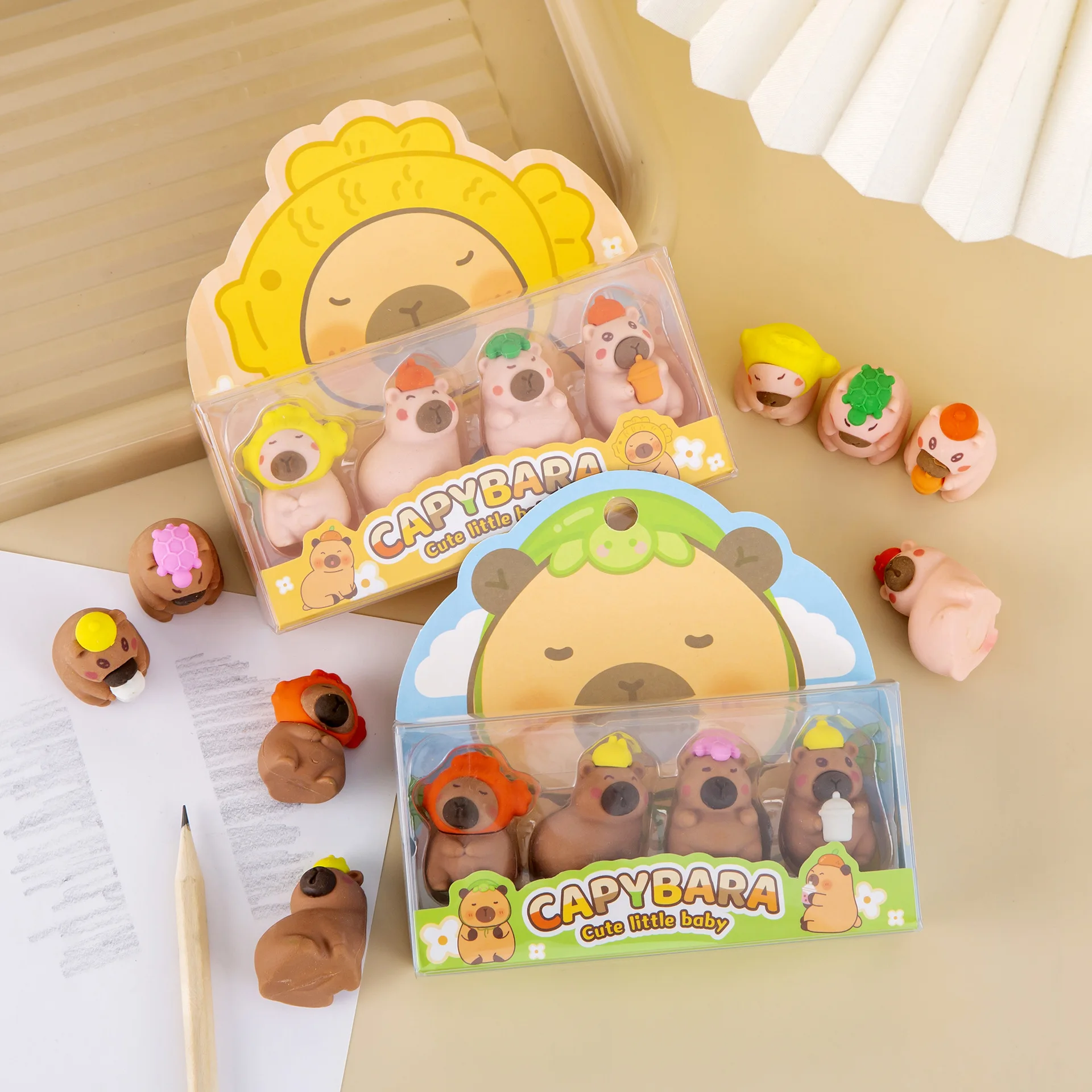 8 Pcs(2 상자) 도매 불교 Capybara 박스형 고무 세트 학생 크리스마스 끝 상품 선물 선물 문구