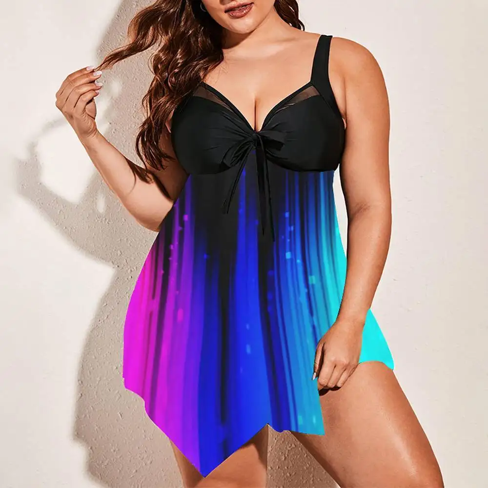 thumbnail image 1 of Traje de baño de verano nuevo de talla grande sin espalda, traje de baño estampado, ropa de playa, tankini, camiseta sin mangas + pantalones cortos de baño, conjunto de bikini transpirable de dos piez, 1 of 4