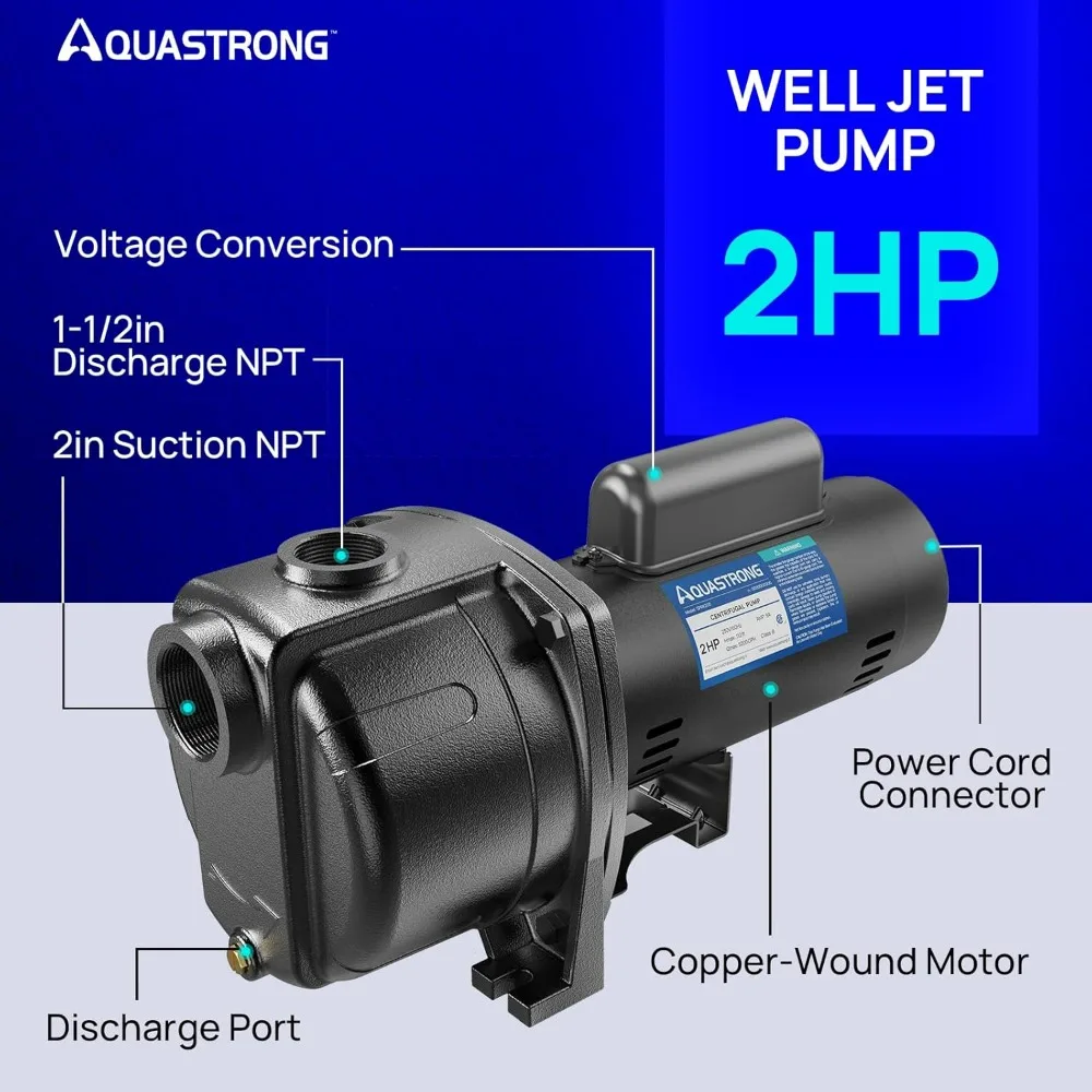 AQUASTRONG 2 HP Low Well Jet and Centrifugal Pump, 5200 GPH, 230V, Cast Iron Water Booster for Irrigation Systems