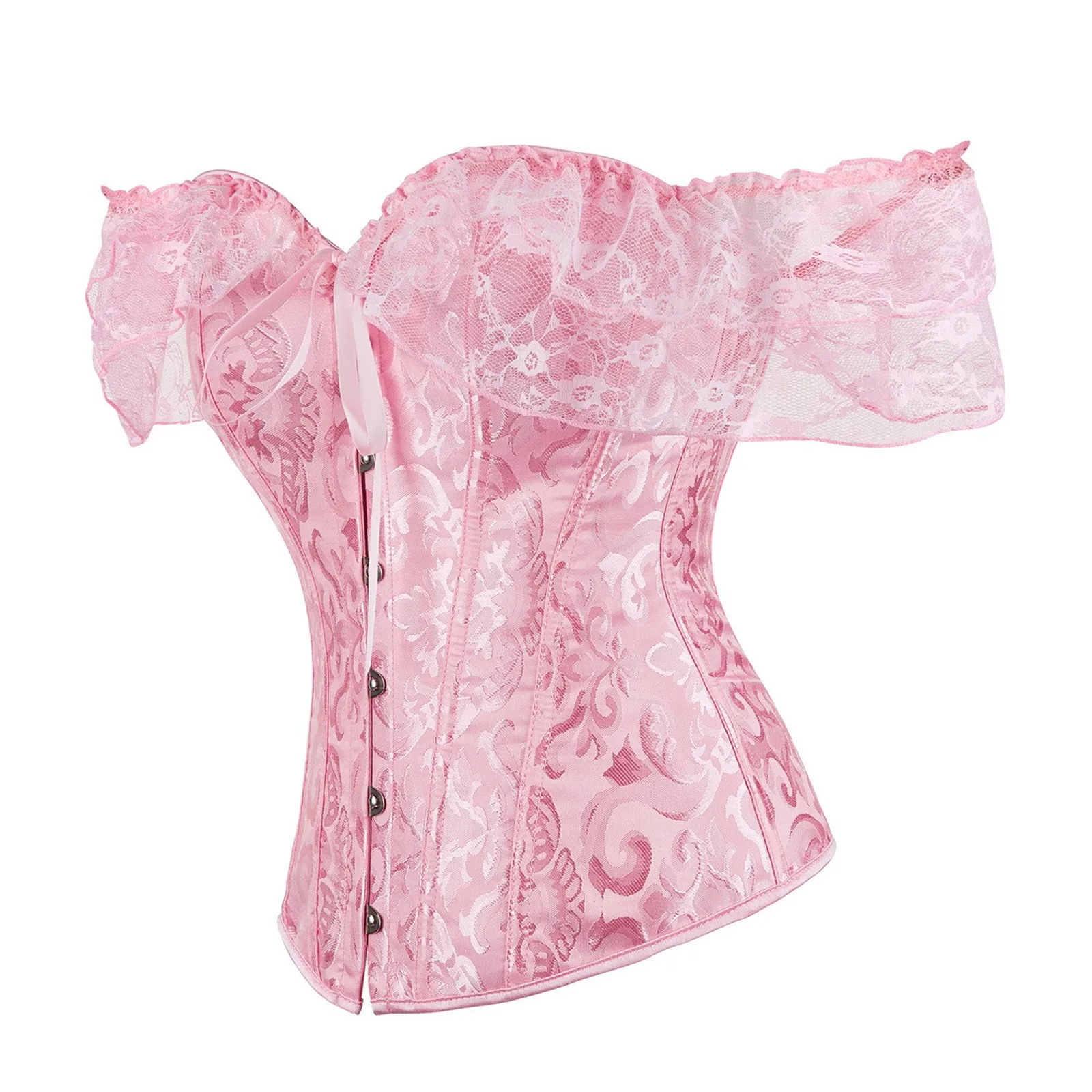 Pink Women Overbust Corset Off Shoulder Floral Print Bustier Top Elegant Vintage Short Sleeves Sexy Outfits Gothic Corselet
