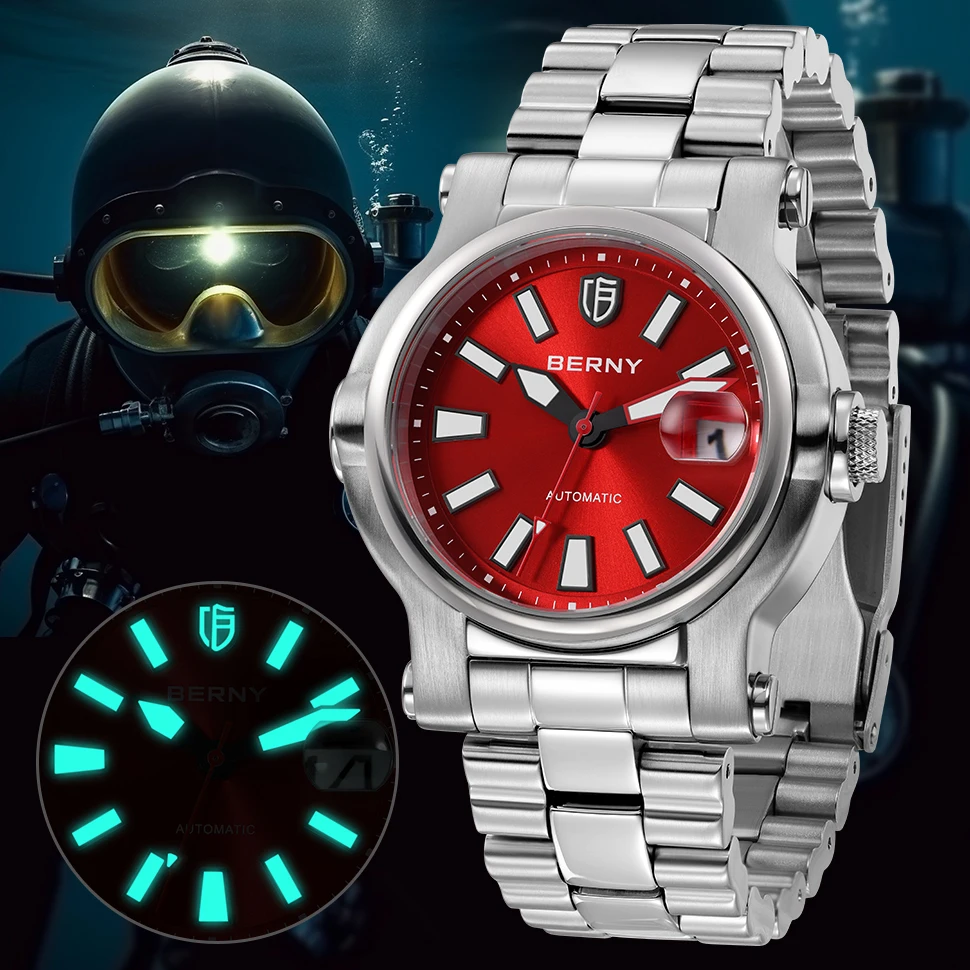 BERNY-Relógio Automático de Mergulhador Masculino, Sapphire Luminous, Aço Inoxidável, Relógio de Pulso Mecânico Mergulho, Esporte Impermeável, 10ATM, NH35