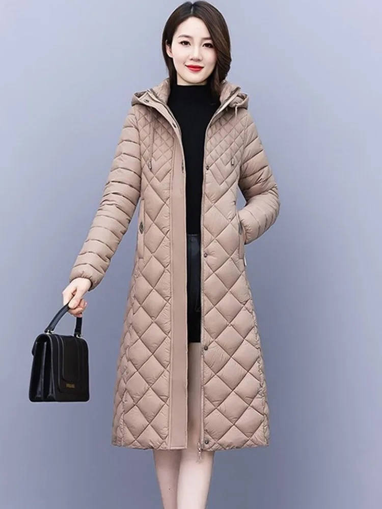 2024 Winter Down Cotton-padded Jacket Women Light Coats Hooded Parka X-long Slim Outerwear Oversize XL-7XL Warm Quilted Overcoat warm winter long parkas women s down cotton padded coats girls winter outerwear female overcoat hot sale пальто зимнее женское