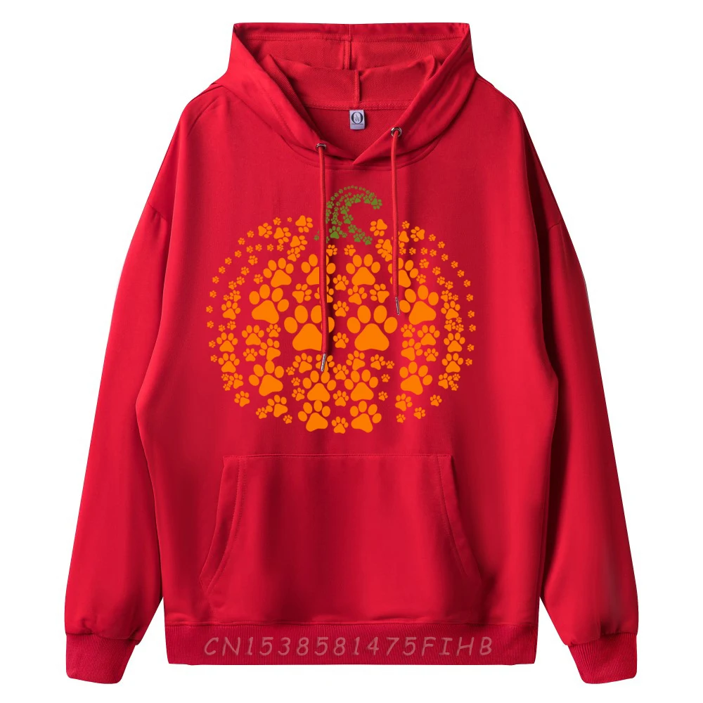 Men Discount Gift Idea Hoodies O Neck Labor Day Hoodies Graphic long Sleeve Pumpkin Dog Cat Paw Print Sweatshirts Pumpkin Dog Cat Paw Print Halloween Pet Lover hongse