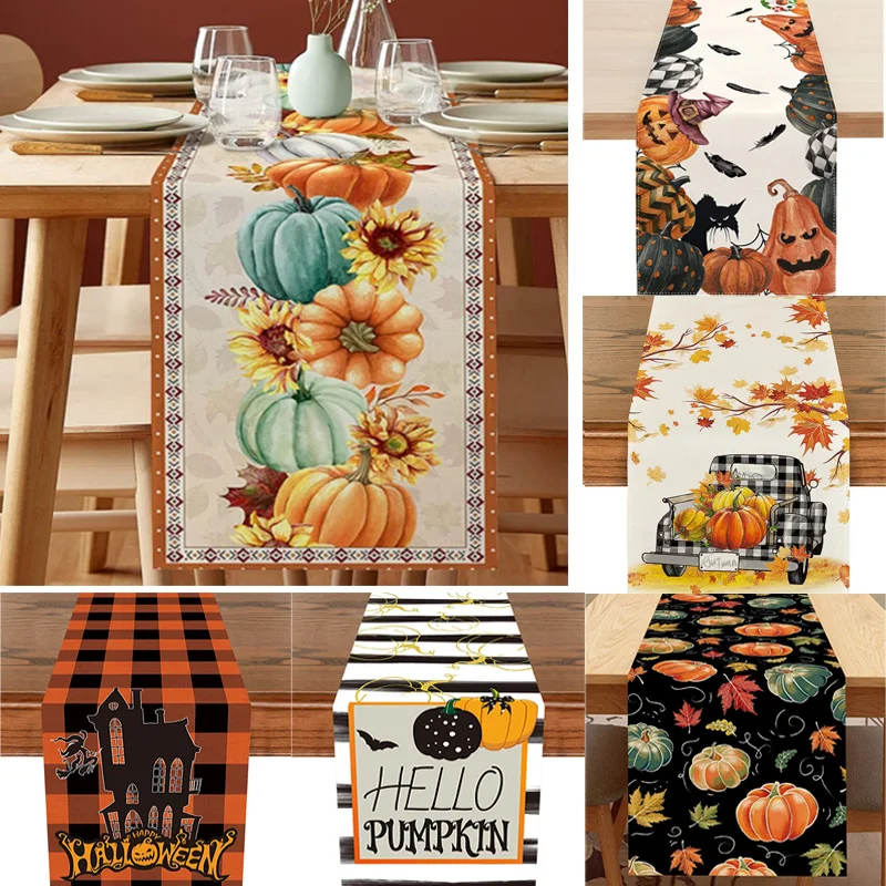

33x183cm Pumpkin Maple Leaf Plaid Tabl Runner Autumn Thanksgiving Halloween Linen Dining Tablecloth Table Mat Party Decoration