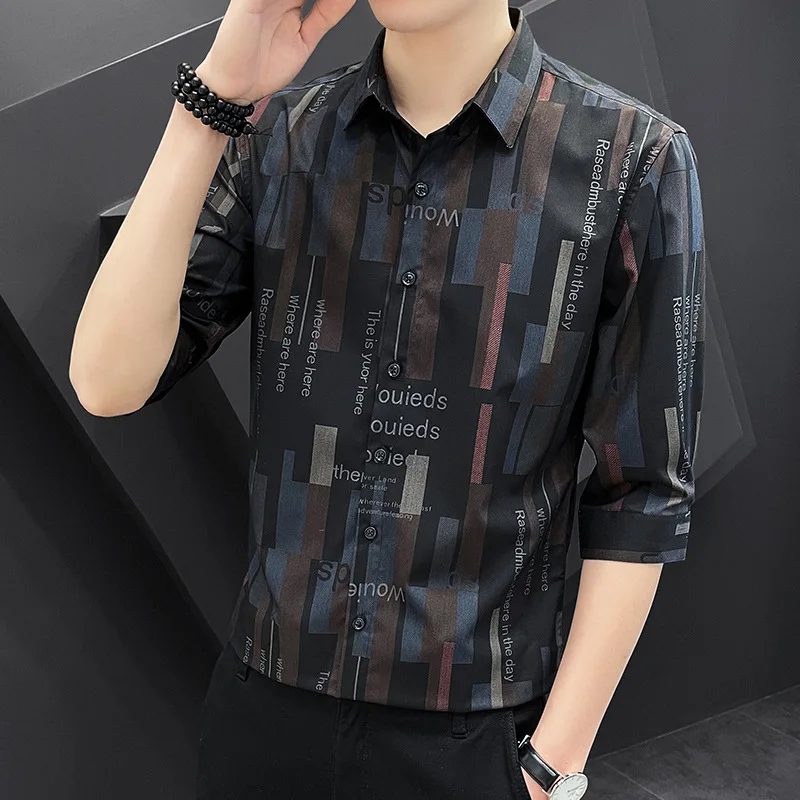 Summer Men's Short Sleeve Stripe Shirt Fashion Business Casual Polo Collar Slim Fit Half Sleeve Printing Shirt