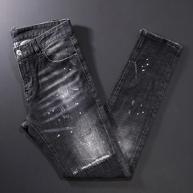 

Street Style Fashion Men Jeans High Quality Retro Black Gray Slim Fit Ripped Jeans Men Patch Designer Hip Hop Denim Punk Pants