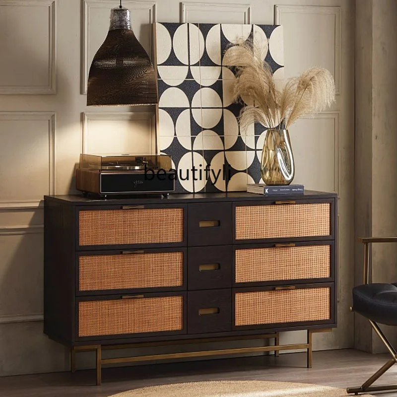 

Modern Medieval Retro Distressed Solid Wood Oak Rattan Chest of Six Drawers Nordic Hallway Side Cabinet