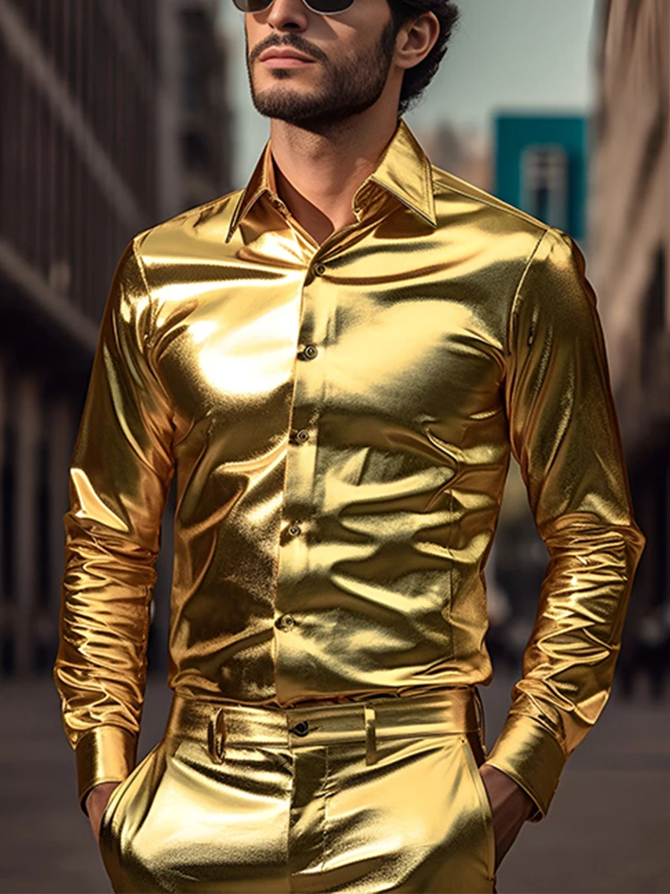 

Men's Shiny Long Sleeve Shirt for 70s Dance Party