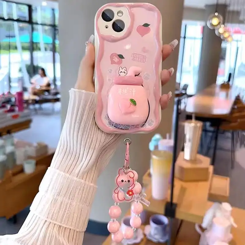 3D Pink Peach Holder Stand Bracelet Chain Case for Samsung Galaxy A34 A55 S24 Ultra S22 S23 Plus  A13 A54 A53 Cover Soft Capa_voghion.com