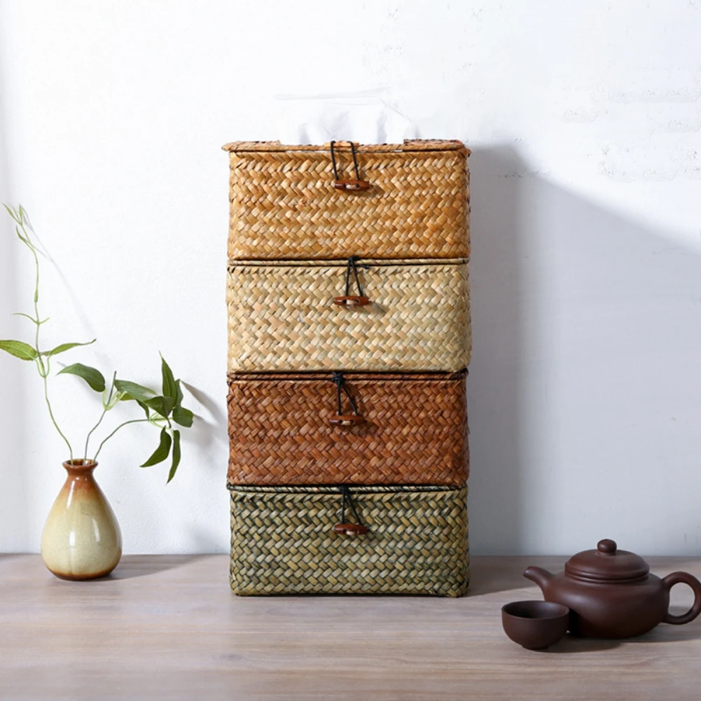 Description Picture 3 of itemCreative Handmade Straw Tissue Box Straw Storage Box Seaweed Basket Delicate Retro Home Living Room Bedroom Kitchen Decoration