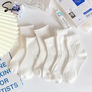 Women Pure White Theme Socks Female Sweet Breathable Middle Tube Socks Soft Comfortable Cotton Socks Student JK Lolita Socks