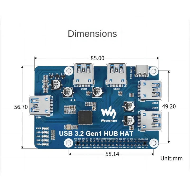 Waveshare USB 3.2 Gen1 HUB HAT 4-Channel USB 3.0 Expansion Port Driver-Free Plug&Play for Raspberry Pi 4B 3B+ 3B 2B Zero W WH