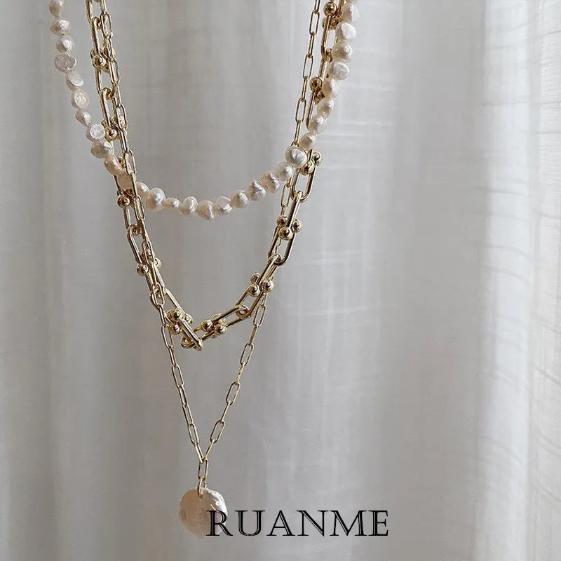 

French Irregular Baroque Natural Freshwater Pearl Necklace Restoring Ancient Ways Metal Multilayer Collarbone Chain