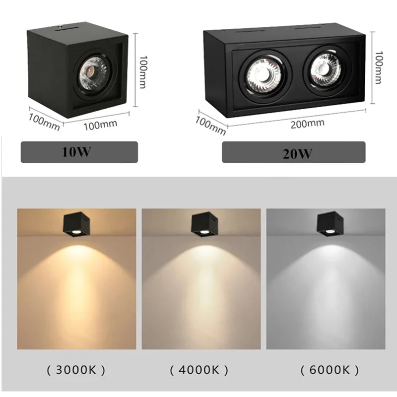 표면 장착 조정 LED COB 밝기 조절 다운라이트 ac85-265V, 10W 20W LED 천장 램프 스팟, 화이트 블랙, 고품질, 1 개
