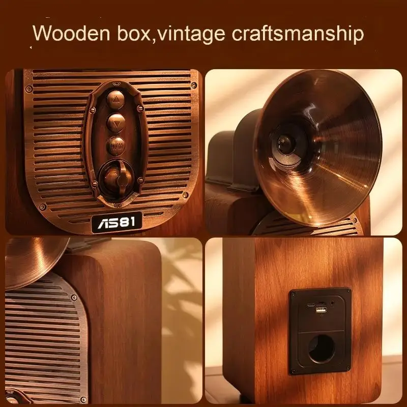 레트로 음악 스피커 빈티지 무선 휴대용 야외 스피커 강력한 스테레오 사운드 충전식 내장 마이크 전화 TF 카드 AUX