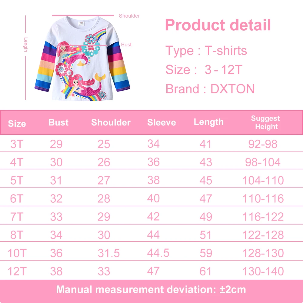 DXTON Girls Long Sleeve T-shirts Mermaid Print Children Clothing Kids Casual Tops Cartoon T-shirt Girl Cotton Outwear 3-12 Years 6