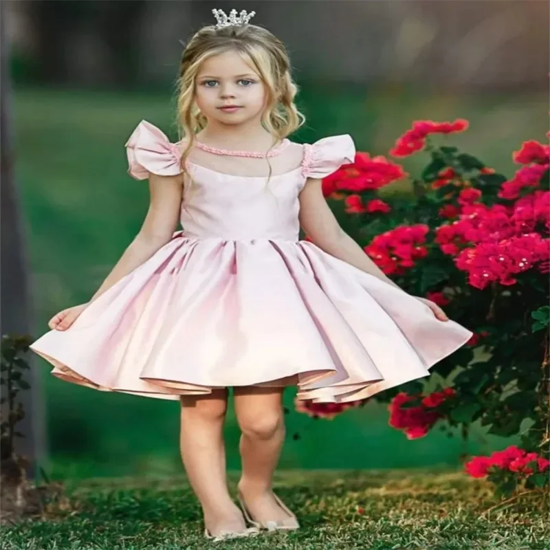 pink-flower-girl-dress-short-skirt-satin-lotus-leaf-sleeve-princess-baby-girl-birthday-party-first-communion-wedding-gown