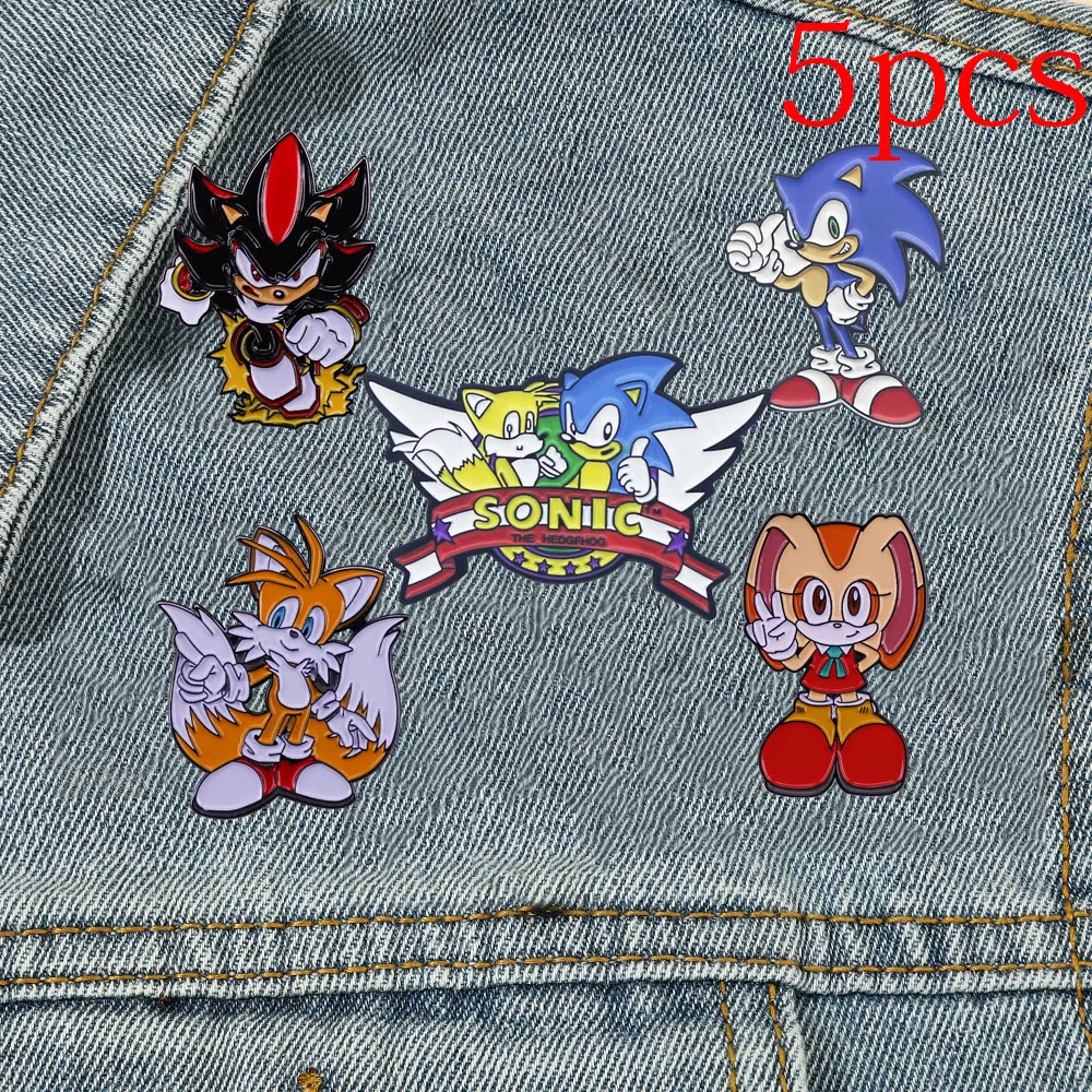 thumbnail image 1 of Juego de 5 broches de solapa sónicos para ropa, cuello, mochila, insignia, accesorios, broche de cosplay de anime, decoración, regalos de joyería, 1 of 4