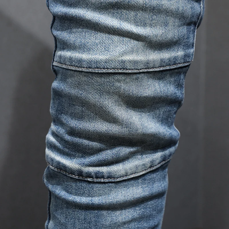 High Street Fashion Men Jeans Retro Blue Elastic Skinny Fit Spliced Biker Jeans Men Bottom Zipper Designer Patched Hip Hop Pants