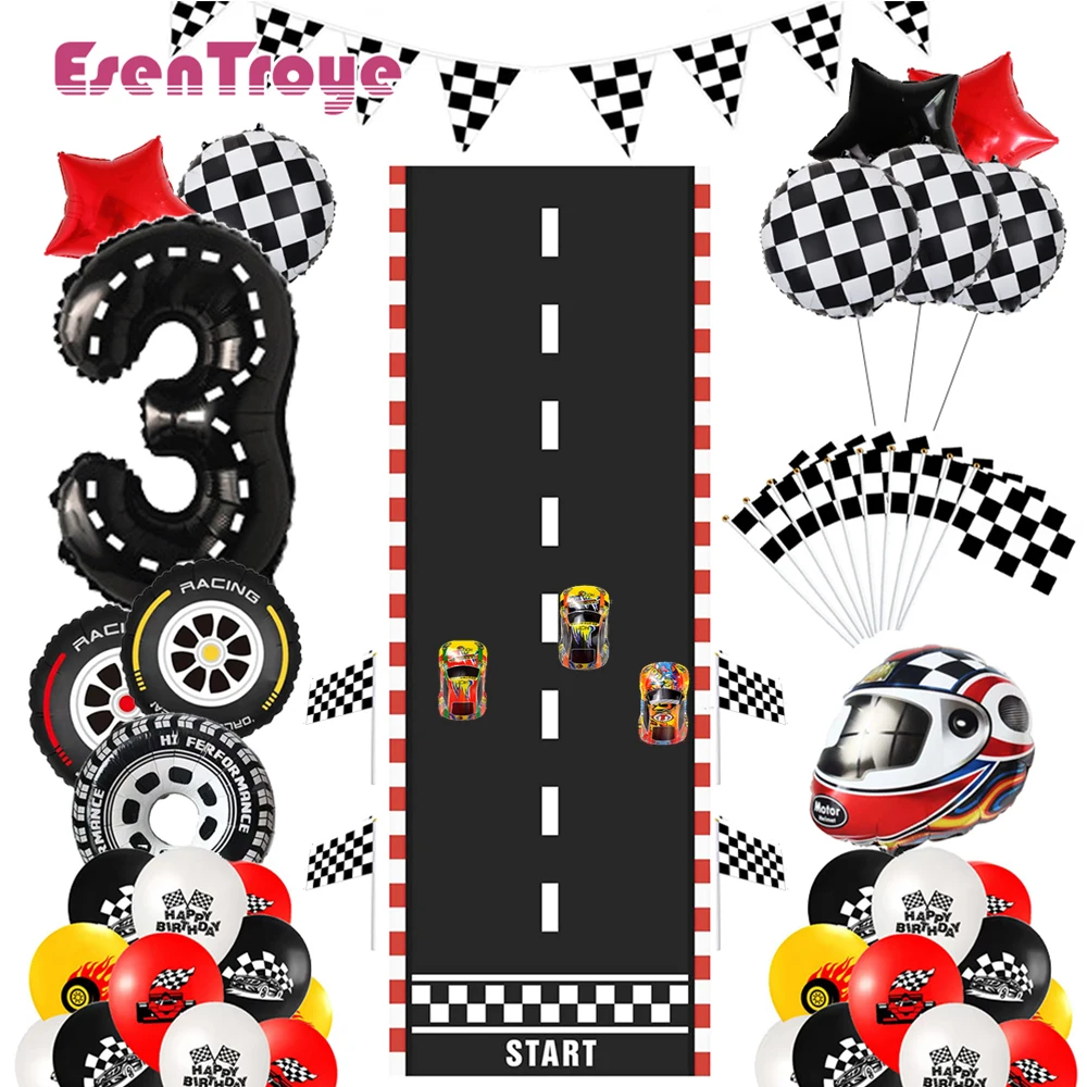 

Racing Car Theme Birthday Party Decor Racetrack Floor Runner Black White Checkered Banner Handhold Flag Formula 1 Kids Goodies