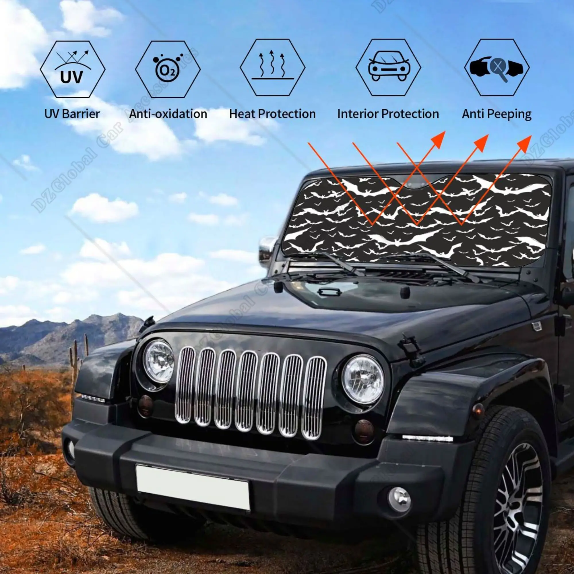 Halloween Cool Goth Gothic Bat Black and White Windshield Sun Shade Front Protector Folding Car Sun Visor Blocks Uv Rays Cool