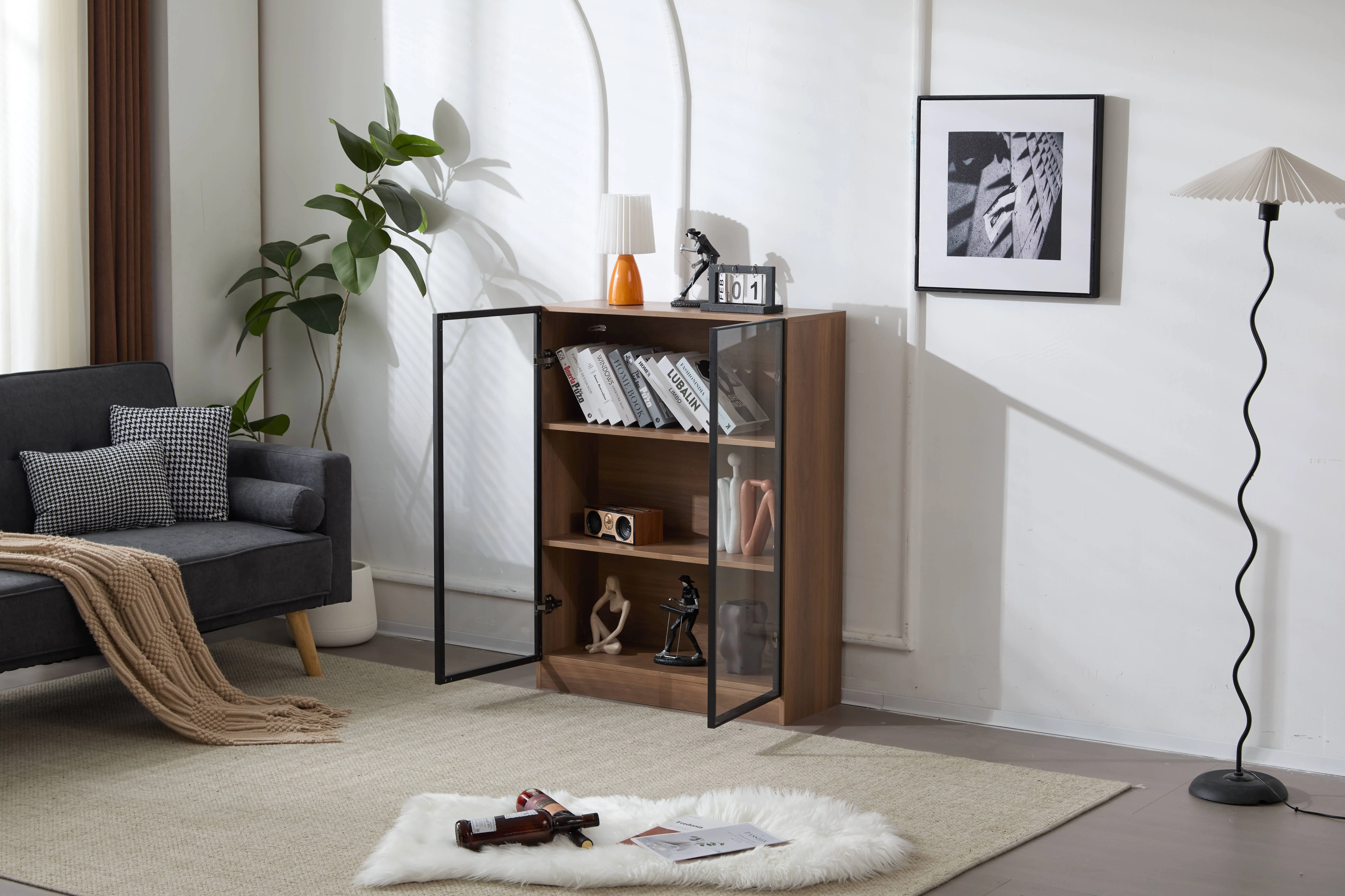 PINGGO LED Glas-Vitrine Naturfarben Sammler-Aufbewahrungsschrank 3-stufige Regale Standvitrine 80x32x106cm – Detail 1