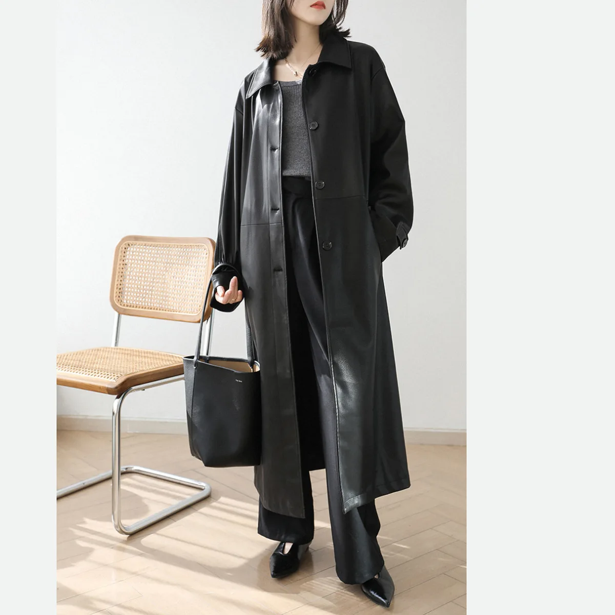 

2023 New Sheepskin Coat Autumn Women's Extended Loose Leather Windbreaker Coat F