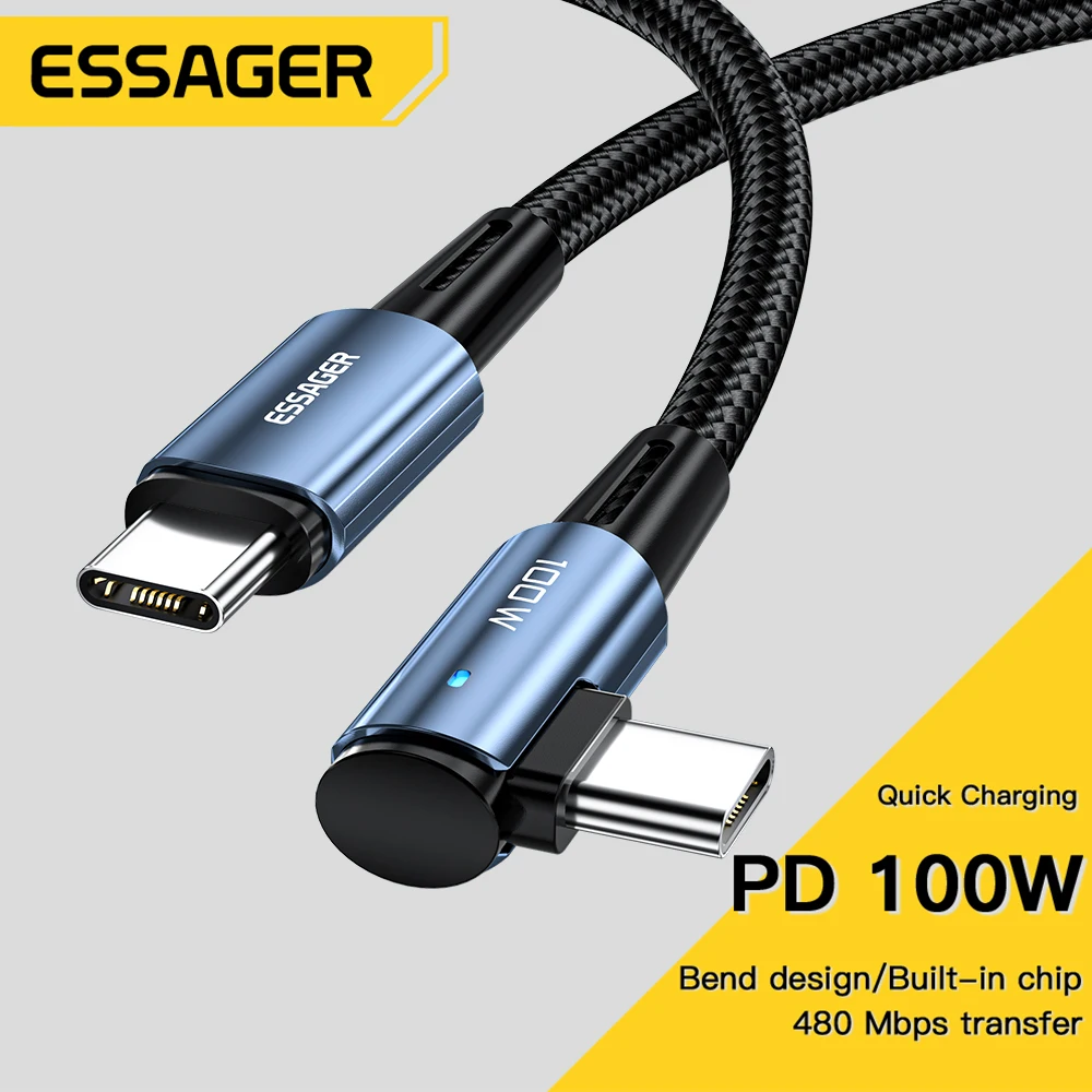 Essager 100W USB Type C To USB C Cable 90 Degree Angle For iPad MacBook Pro Xiaomi Samsung Huawei Fast Charging Type-C Date Wire