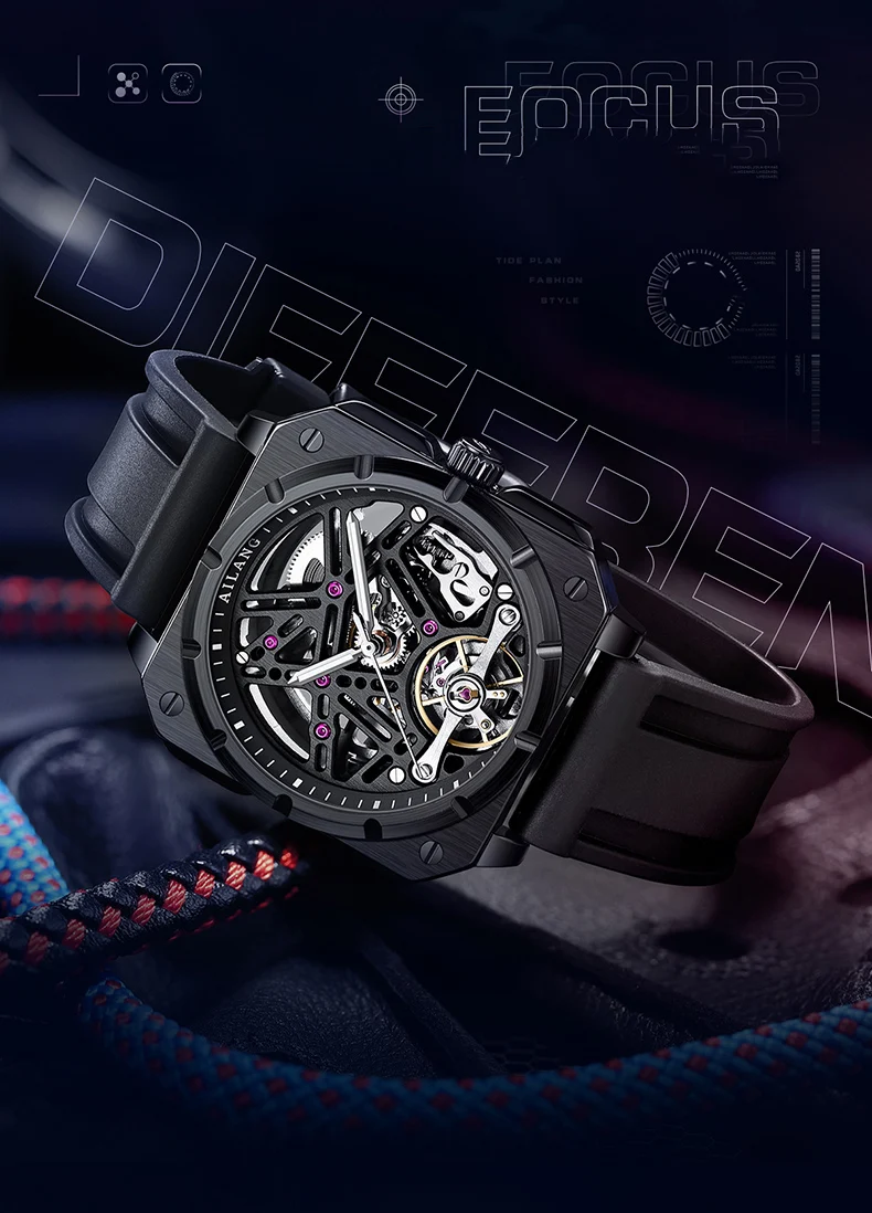 AILANG Square Skeleton Dial Mechanical Watches Automatic Mens Watches Luxury Original Rubber Tourbillon Clock Watch For Men_voghion.com