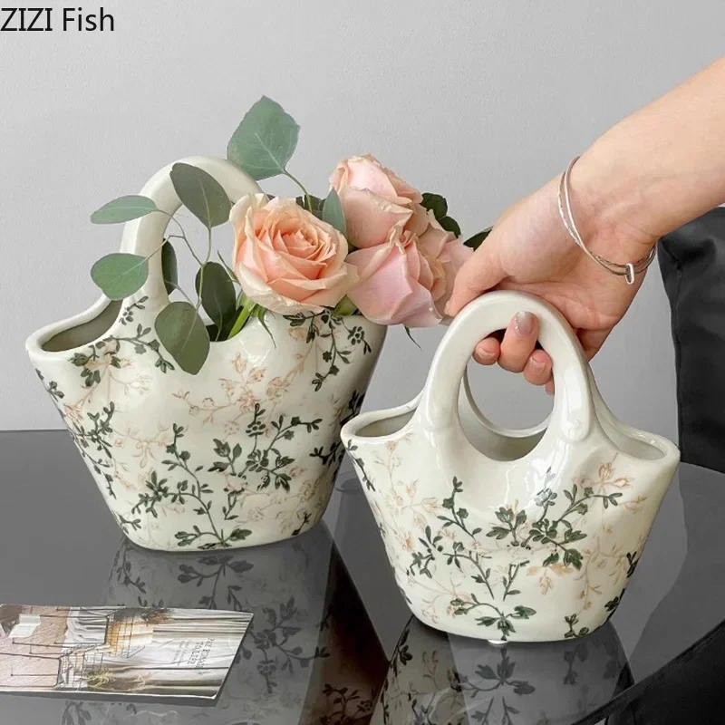 Flower Texture Ceramic Vase Handbag Shaped Flower Pots Desk Decoration Flower Arrangement Floral Vases Room Aesthetic Decor 5