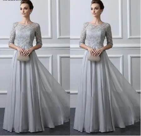 

Half Sleeves Mother Of The Bride Lace Applique Sliver A-Line Wedding Party Guest Gown Chiffon Evening Dress