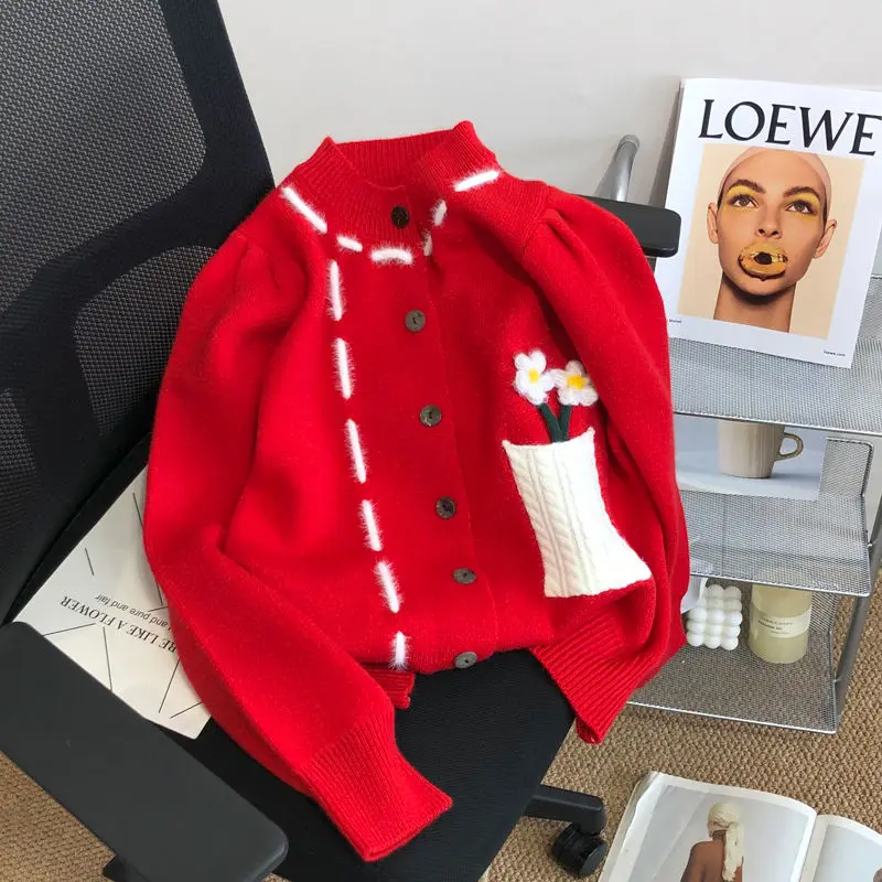 

Autumn Winter Thick Solid Cardigan Patchwork Buttons O-neck Long Sleeve Pocket Warm Sweet Sweaters Fashion Women's Clothing 2023