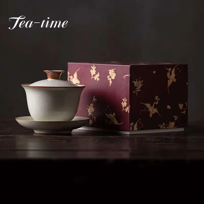 Ru Kiln Tea Cup Kung Fu Chawan Oolong Gaiwan Cover Bowl Maker Chinese Original Puer Garglin Cups Porcelain Supplies Set Wan Gai