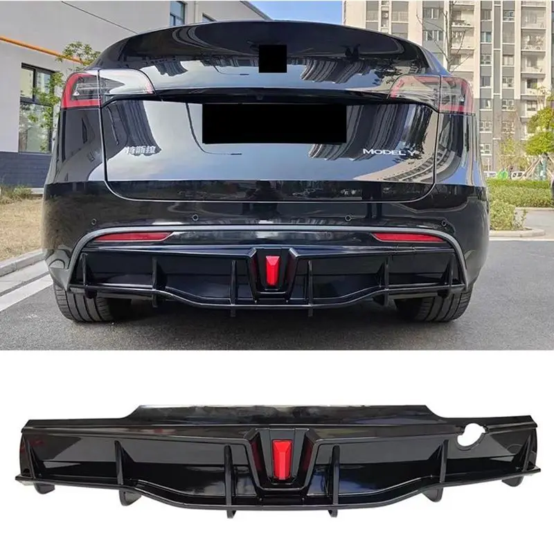

Rear Bumper Diffuser Defender For Tesla Model Y 2021-2023 2024 Body Kit Glossy Black Bumper ABS Carbon Fiber Pattern With Led