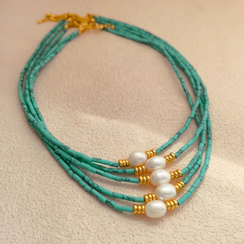 

2023 New personality natural freshwater pearl necklace simple design Bohemian turquoise clavicle necklace wholesale