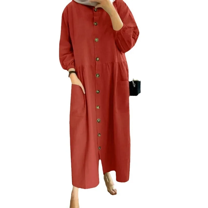 2025 Luxury Fashion Muslim Women's Retro Casual Cardigan with Pocket Bohemian Dress Round Neck Bubble Sleeves Loose Sun Skirt 1